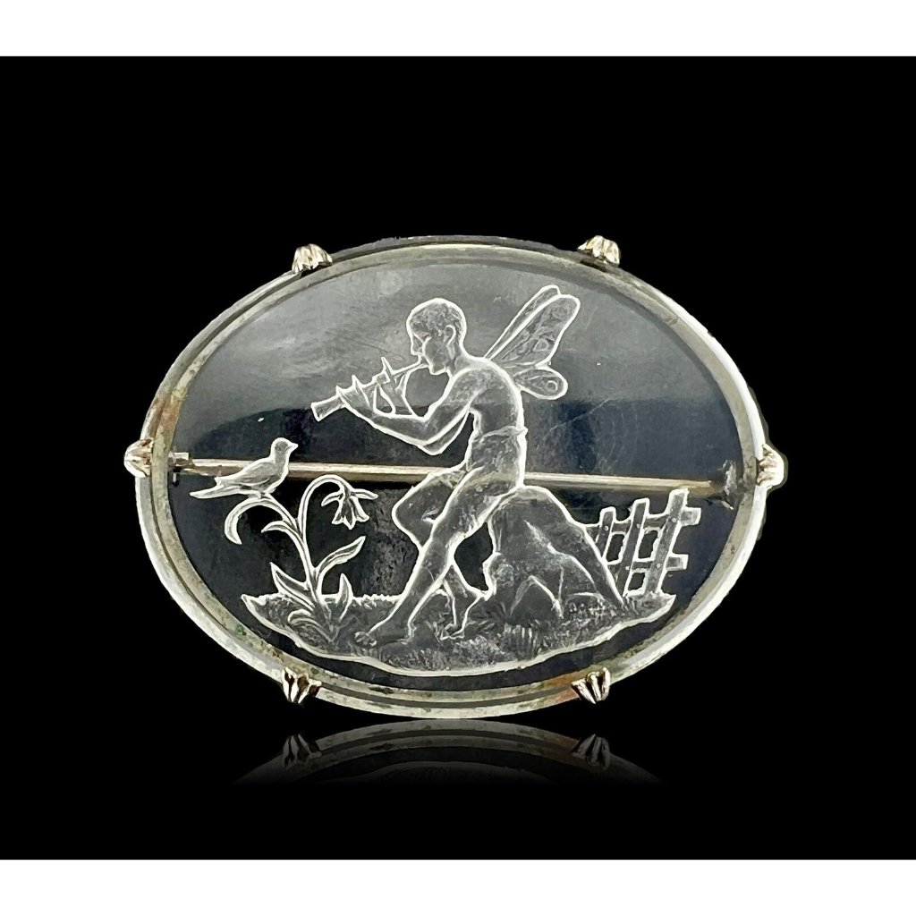 Vintage Art Deco Signed Czech Reverse Carved Fairy Glass Brooch